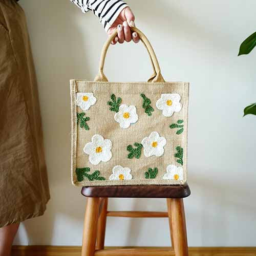 Burlap tote bag white flora - Kits