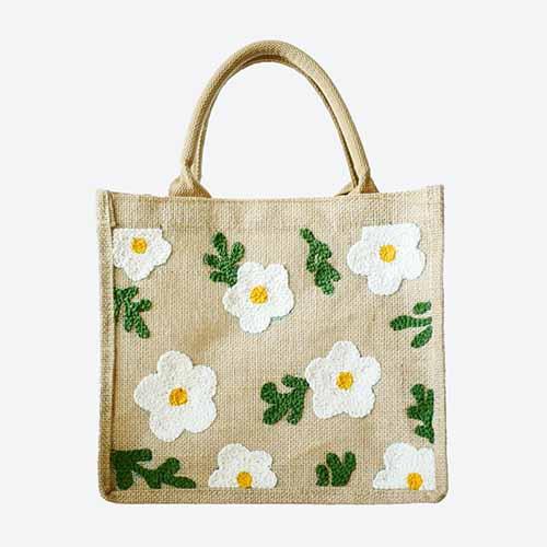 Burlap tote bag white flora - finished craft