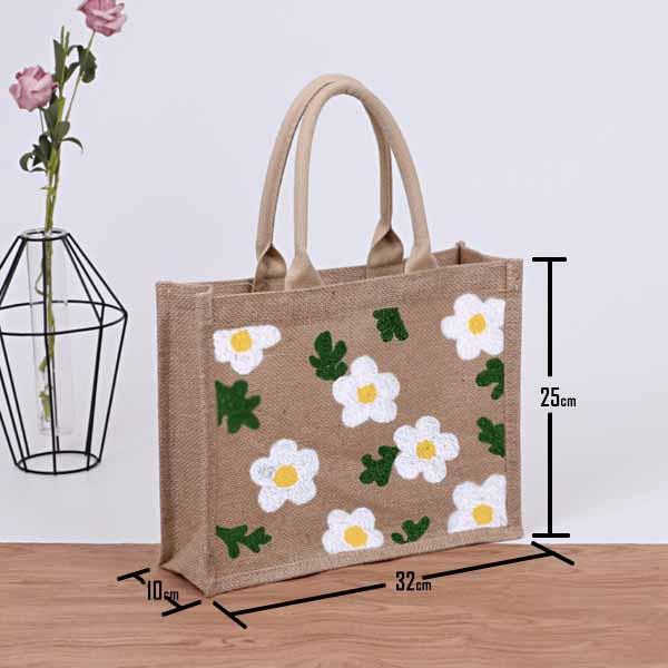 Burlap tote bag white flora - finished craft