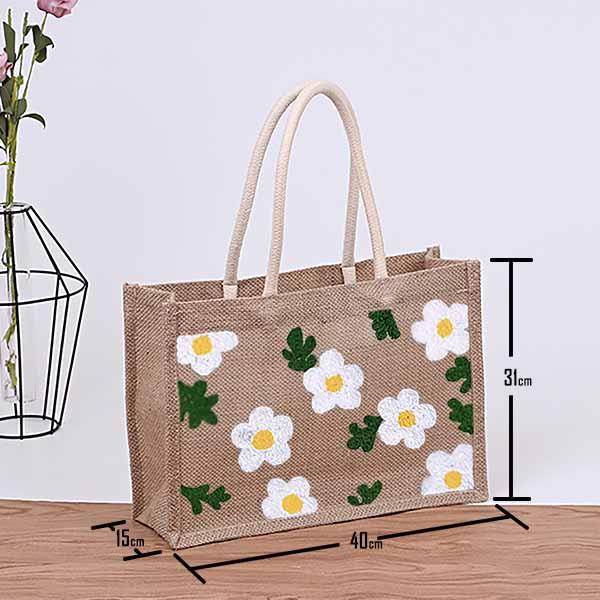 Burlap tote bag white flora - finished craft